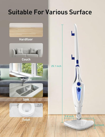 12-in-1 Steam Mop, Fast 15-Sec Heat-Up, 1500W Detachable Handheld Steam Cleaner with 2 Dirt Grip Pads, Removes 99.99% Stubborn Stains for Hardwood Floors, Clothes, Windows, Tiles, Furniture, White
