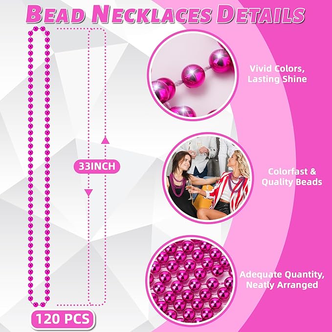 YAXINRUI 120 PCS Hot Pink Bead Necklaces, Pink Mardi Gras Beads, Cancer Awareness Necklaces, Valentine Necklace, 33 Inch Round Party Beads for Mardi Gras Christmas Cancer Awareness Month Events