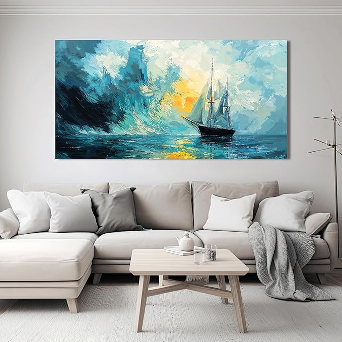 Canvas Wall Art Decor Large Abstract Coastal Wall Art Prints Abstract Canvas Art Wall Decor Modern Blue Green Wall Art Decorations Artwork for Walls Foggy Boat Bedroom Office Decor 24" X 48"