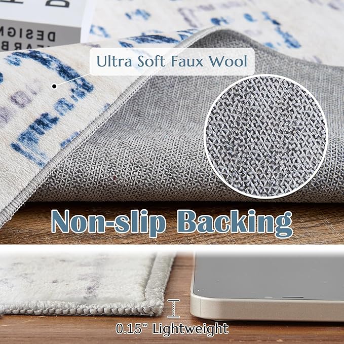 jinchan Boho Runner Rug 2x6 - Moroccan Machine Washable Non-Slip Bohemian Diamond Low-Pile Soft Runner Rug for Entryway Hallway Kitchen Bedroom Laundry Room (2‘x6', Blue)