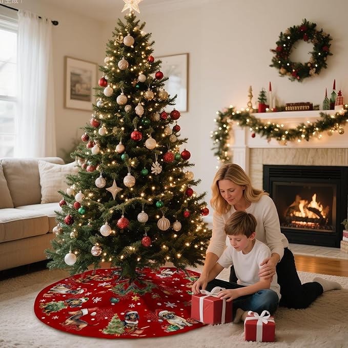 Red Christmas Tree Skirt Dog Theme Christmas Decorations Dog Mom Dad Xmas House Decor Holiday Party Xmas Tree Skirt 36 inches