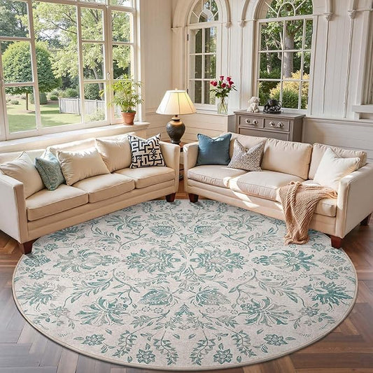 jinchan Classic Floral Round Rug 8ft Vintage-Inspired Design 8’Circle Rug Machine Washable Ultra-Thin Low-Pile Non-Slip Indoor Carpet for Bedroom Dining Room Living Room