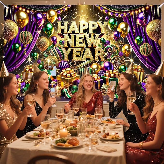 Nuxovilar Happy New Year Banner, Purple Drape Golden Ornaments Backdrop for Party Decorations, 71x43 Inch