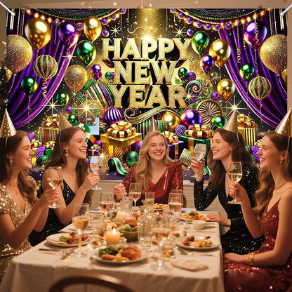 Nuxovilar Happy New Year Banner, Purple Drape Golden Ornaments Backdrop for Party Decorations, 71x43 Inch