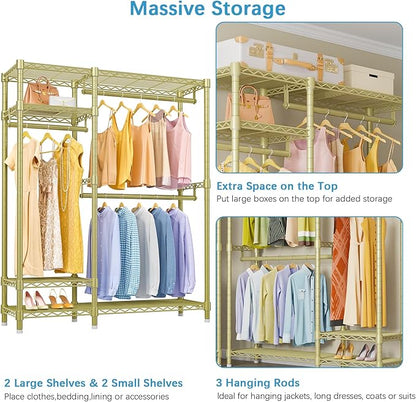 VIPEK V2S Heavy Duty Clothes Rack 4 Tiers Wire Shelving Garment Racks with 3 Hanging Rods Compact Freestanding Closet Metal Closet Rack, Max Load 700LBS, Gold
