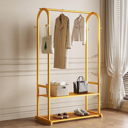 Gold Clothing Rack,Heavy duty clothes rack with 2-tier Bottom Shelves, Garment Rack with 6 Side Hooks for Hanging Clothes, Coats, Shirts (gold, 31.5in)