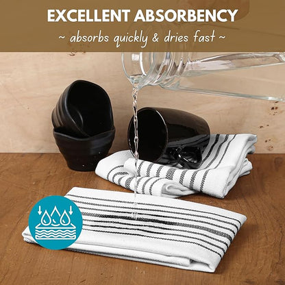 Native Fab Black Stripe Kitchen Towels 12 Pack Herringbone Scandia Weave 16"x26" - Super Absorbent Cotton Dish Towels, Multi Purpose Quick Dry Kitchen Washcloths with Loop - Black White