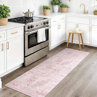 KUTA Vintage Washable Runner Rug, 2x6 Pink Runners for Hallways Non-Slip Floral Kitchen Rugs Ultra Soft Printed Distressed Floor Carpet for Laundry Bedroom Living Room Nursery