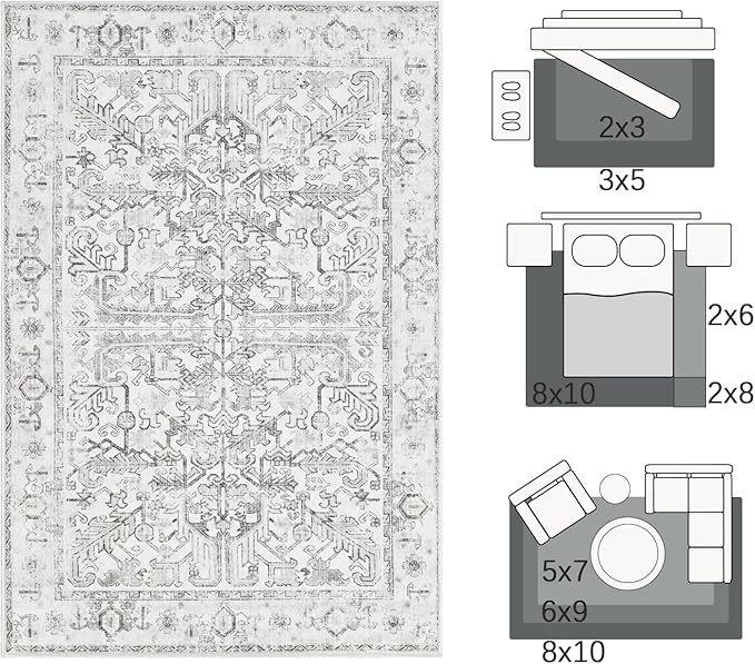 jinchan 2x3 Washable Rug for Entryway - Vintage Floral Ultra-Thin Low Pile Soft Small Non Slip Distressed Indoor Door mat Accent Area Rug for Entrance Kitchen Bathroom Bedroom (2x3ft,Grey)