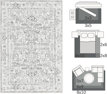 jinchan 8x10 Area Rug for Living Room Washable Soft Throw Rug Ultra-Thin Stain Resistant Non-Slip Distressed Vintage Floral Large Carpet for Bedroom,Dining Room,Home Office,Nursery (8x10ft,Grey)