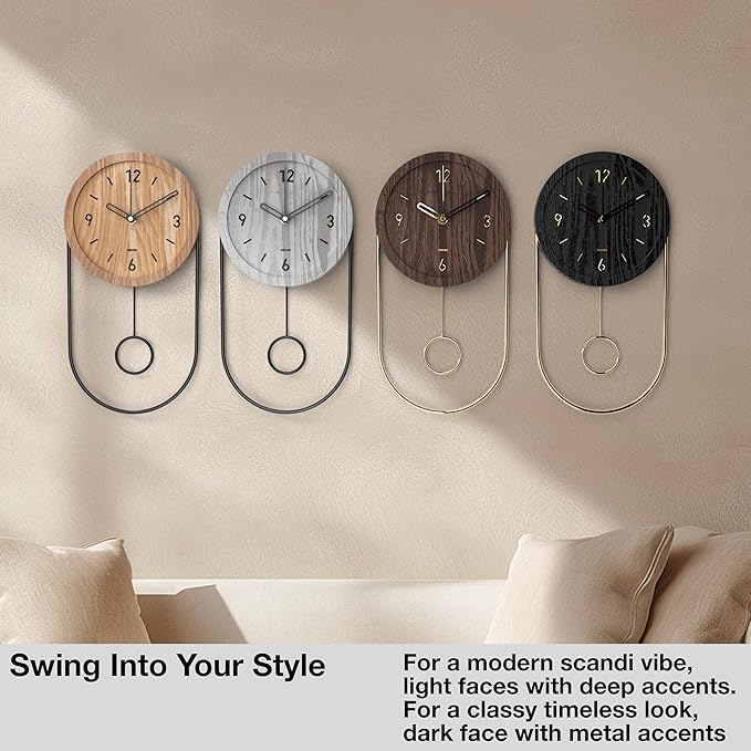 Driini Decorative Wall Clock with Pendulum (Black) – Modern Wood, 3D Gold Numbers, Metal Frame – Small, Unique Wall Clocks for Living Room Decor or Bathroom - Battery Operated, Silent, Non-Ticking