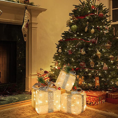Christmas Lighted Gift Boxes, Pre-lit Lights Gold Linen Cloth Gift Boxes, Light up Present Boxes Set Battery Operated with Different Sizes for Holiday Indoor Outdoor Decorations (Gold Liene)