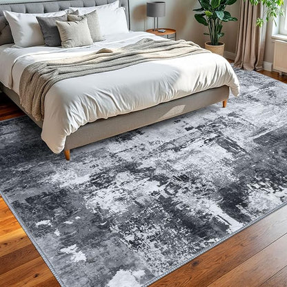 KOZYFLY Modern Abstract Area Rug 8x10 Gray Washable Large Living Room Thin Rugs Bedroom Non Skid Carpet with Faux Wool Soft Low Pile for Dining Room Living Room Office Dorm Kitchen Table Apartment