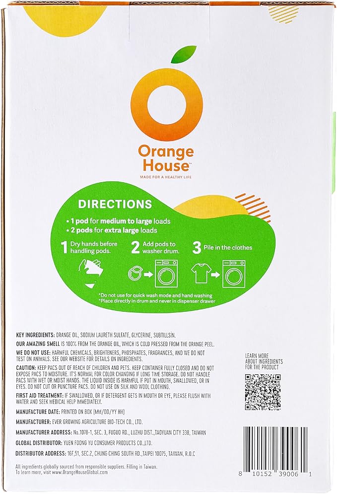 ORANGE HOUSE Laundry Detergent Pods, Natural Plant-Based Detergent with Orange Oil | Hypoallergenic, Free & Clear, Scent-Free, HE & Standard Machine Compatible, Gentle for Sensitive Skin, 54 Count