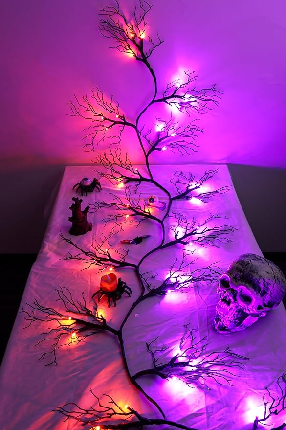 6 FT Halloween Black Garland Willow Vine Twig Decor with Orange & Purple Light, 8 Modes & Timer Battery Operated Waterproof Halloween Decorations Indoor for Mantle Fireplace Home Party Decor