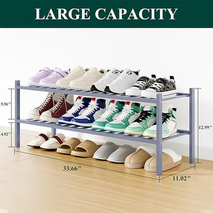 Smiry Shoe Rack, 2 Tier Long Bamboo Shoe Organizer, Stackable Free Standing Wooden Shoe Storage Shelf for Closet, Entryway, Front Door Entrance, Grey
