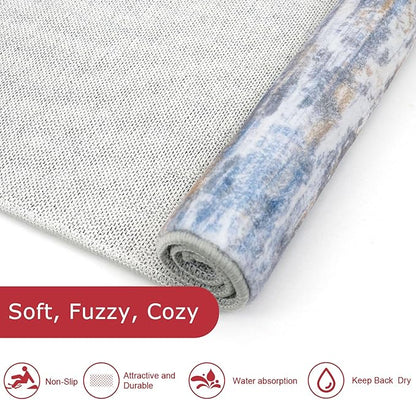 KOZYFLY Modern Abstract Washable Rug Runner 2.6x16 Hallway Rug Runner Non-Slip Soft Kitchen Runner Rugs, Blue Rust Striped Carpet for Entryway Bathroom Laundry Room Foyer