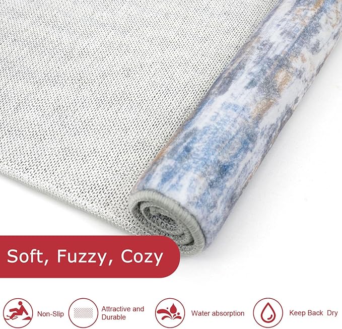 KOZYFLY Modern Abstract Kitchen Runner Rug, 2x12 Washable Rug Runner Non-Slip Soft Striped Hallway Runner Rugs, Blue Rust Print Carpet Runner for Entryway Bathroom Laundry Room Foyer