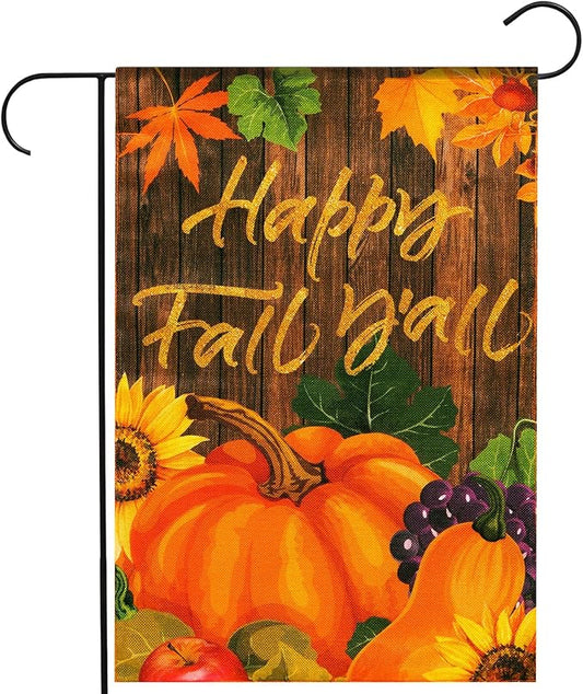 Solar Garden Flag with Lights - Happy Fall Y'all 12 x 18 Double Sided 5 Modes Led Pumpkin Yard Sign for Farmhouse Patio Lawn Harvest Thanksgiving
