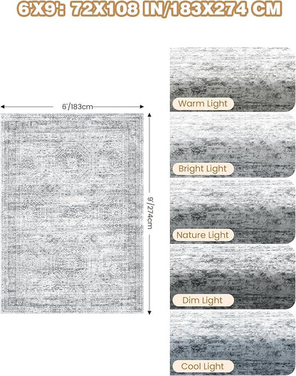 6x9 Rug for Living Room,Soft Low Pile Indoor Washable Rugs for Bedroom, Non-Slip Backing Vintage Large Area Rug, Printed Abstract Carpet(6'x9', Grey/Ivory)