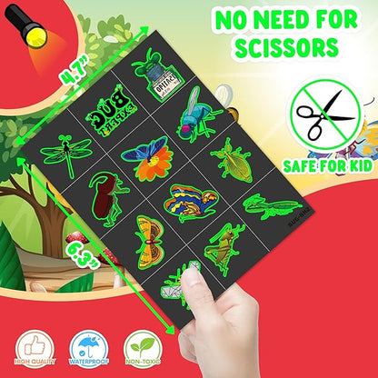 96PCS Glow in The Dark Bug Temporary Tattoos for Kids – Luminous Bug Stickers for Boys Girls Birthday Party Favors, Halloween Decorations, School Rewards, Bug-Themed Gifts (Luminous)
