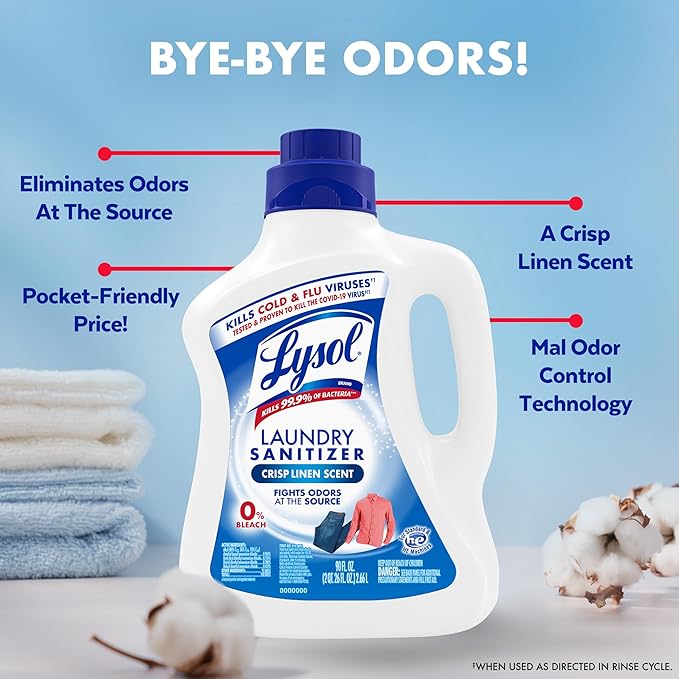Lysol Disinfectant Laundry Sanitizer & Scent Booster, Laundry Detergent Additive, Color Safe Bleach Alternative, Laundry Odor Eliminator, Kills Bacteria & Viruses, Crisp Linen Scent, 90 Fl Oz