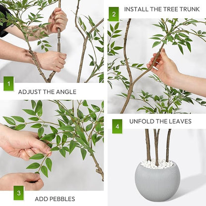 Garvee Nandina Artificial Plants with Sphere Planter Pot, Artificial Tree Indoor with Moss and Pebbles, 5FT Fake Potted Tree for Indoor & Home Office Decor