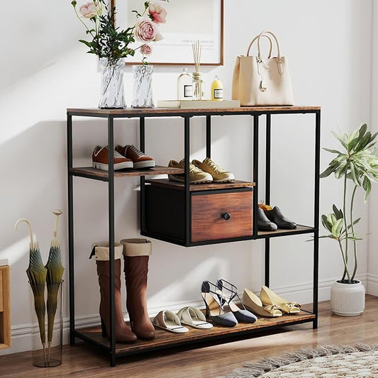 Giantex 40” Narrow Console Table, Modern Sofa Table with Open Storage Shelves and Removable Drawer, Skinny Behind Couch Tables, Long Entrway Tables for Living Room, Foyer, Hallway (Rustic Brown+Black)