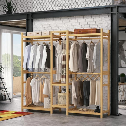 Homykic Bamboo Closet System, Large Clothing Rack for Hanging Clothes, Freestanding Clothes Rack with 7 Shelves & 5 Hanging Rods, Open Wardrobe Closet Organizer Garment Rack with 4 Hooks