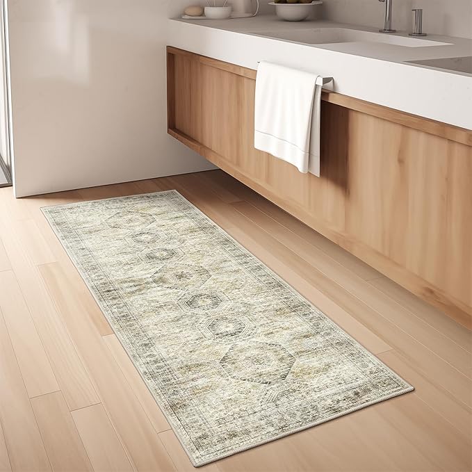 Washable Runner Rugs for Bedroom - 2x6 Runner Rug Non Slip, Ultra-Thin Entryway Runner, Soft Abstract Kitchen Runner for Hallway, Laundry, Bathroom, Indoor Door Mat(2'x6', Grey/Yellow)