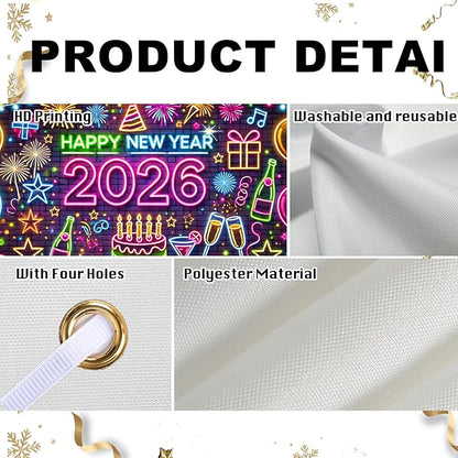 Nuxovilar Graffiti - Style Happy New Year 2026 Banner - Festive Party Decorations Backdrop with Balloons Cake, 71x43 Inch