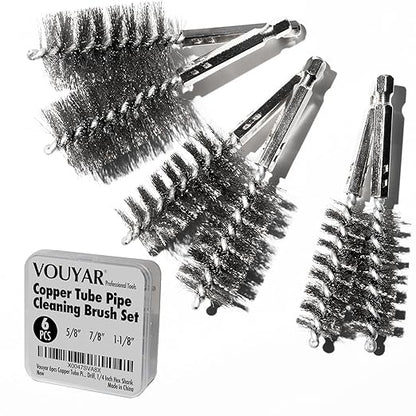 6pcs Copper Tube Pipe Cleaner for Fittings, 1/2” 3/4” 1” Pipe Cleaning Brush Set, Stainless Steel Wire Bore Brushes for Power Drill, 1/4 Inch Hex Shank