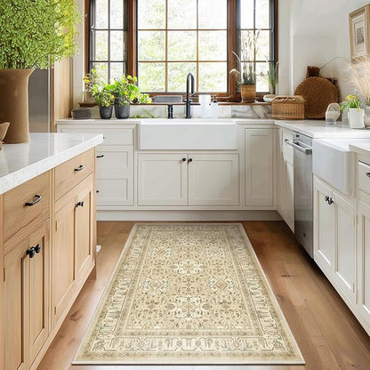 Warm Beige 3x5 Entryway Rug Indoor, Boho Floral Moroccan Pattern Printed Throw Rugs for Nursery Bedroom Bedside, Low Pile Thin Non Slip Washable Area Rug for Kitchen Foyer Mudroom Dorm