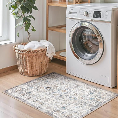 jinchan Area Rug 2x3 Washable Entryway Rug Vintage Doormat Indoor Entrance Lightweight Thin Retro Distressed Door Mat Floral Print Country Boho Non Slip Carpet for Bathroom Kitchen Bedroom Blue