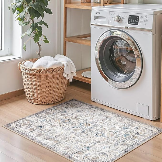 jinchan Area Rug 2x3 Washable Entryway Rug Vintage Doormat Indoor Entrance Lightweight Thin Retro Distressed Door Mat Floral Print Country Boho Non Slip Carpet for Bathroom Kitchen Bedroom Blue