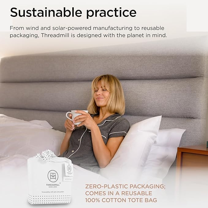 Threadmill 100% Cotton Sheets for Queen Size Bed - 600 Thread Count Queen Bed Sheets Set with 16” Deep Pocket - Jacquard Sateen Weave 4-Piece Bedding Set with Cooling Effect, White