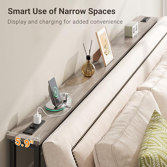ELYKEN 5.9" Narrow Console Sofa Table with Power Outlets, Total 78.8” Long Behind Couch Table with Charge Station and 5.9’ Extension Cord for Living Room, 5.9" D x 78.8”W x 29.5”H, Gray