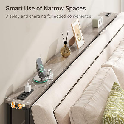 ELYKEN 5.9" Narrow Console Sofa Table with Power Outlets, Total 78.8” Long Behind Couch Table with Charge Station and 5.9’ Extension Cord for Living Room, 5.9" D x 78.8”W x 29.5”H, Gray