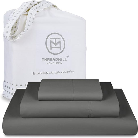 Threadmill Twin Sheet Set |656 Thread Count 100% Supima Cotton Sheets for Twin Mattress | Solid Sateen Twin Bed Sheets Set with 16” Deep Pocket | Soft Breathable 3-Piece Cooling Sheet Set | Dark Grey