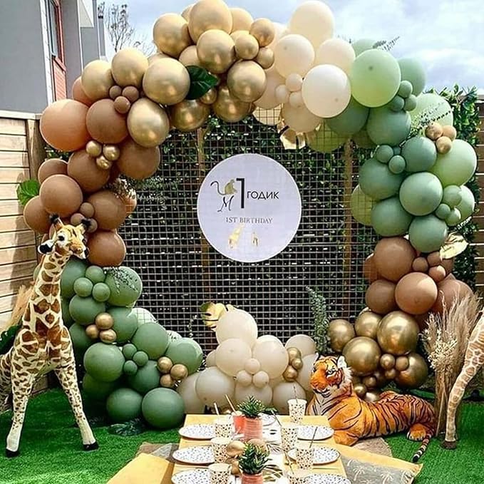 Green Gold Brown Balloon, 60 Pcs 12 Inches Olive Green Dark Brown Coffee Nude Gold Balloons for Jungle Safari Woodland Hunting Birthday Decorations