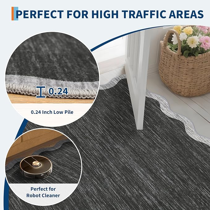 GarveeHome Scalloped Washable Runner Rug 2x6 Runner Modern Non Slip Kitchen Rugs Farmhouse Entryway Rug Soft Bathroom Rugs Stain Resistant Carpet for Laundry Bedroom 2 ft x6 ft Black