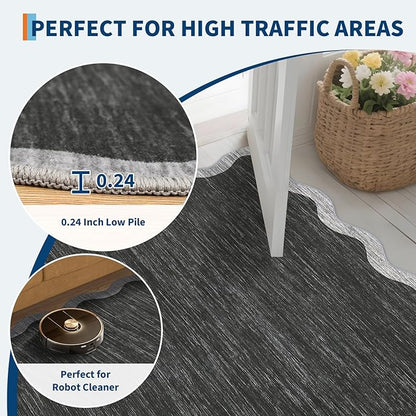 GarveeHome Scalloped Washable Runner Rug 2x6 Runner Modern Non Slip Kitchen Rugs Farmhouse Entryway Rug Soft Bathroom Rugs Stain Resistant Carpet for Laundry Bedroom 2 ft x6 ft Black