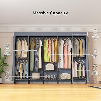 94.5"W Heavy Duty Garment Rack with Cover, H5C Large Clothes Rack with Adjustable Shelves and Hanging Rods Dustproof Closet for Storage and Organizer, Black Rack with Grey Cover, Load 1400 lbs