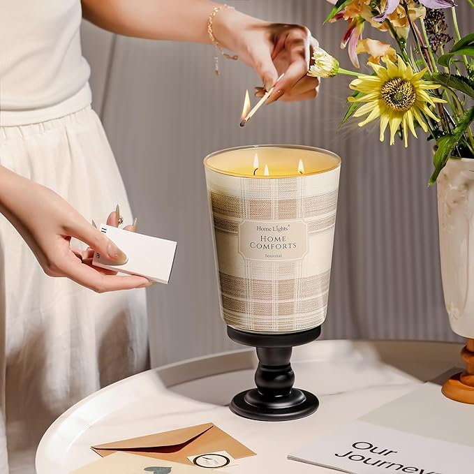 HomeLights Scented Candles | Large Jar 34 Oz Natural Soy Candle | 130 hrs Long-Lasting with 3 Wicks | Rustic Modern Home Decor | Gifts for Mom & Women, Home Comforts