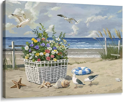 ARTZON Beach Wall Art Decor – Coastal Blue Ocean Seascape Canvas Print, Birds Seagulls Tropical Flowers Modern Landscape Picture for Bathroom or Bedroom Relaxing Summer Sea Scene Artwork 16x12 inch
