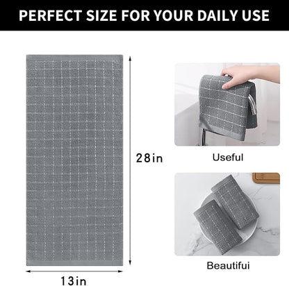 Homaxy 100% Cotton Terry Kitchen Towels(Grey, 13 x 28 inches), Checkered Designed, Soft and Super Absorbent Dish Towels, 4 Pack
