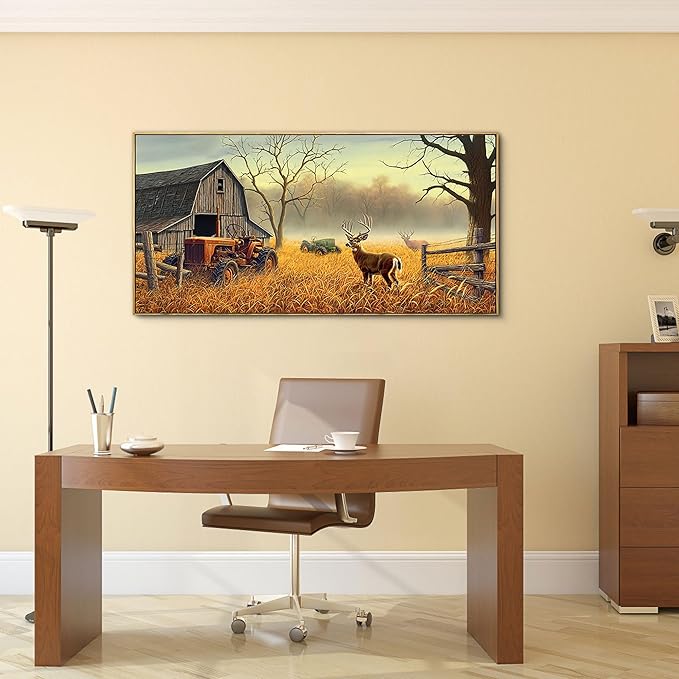 XLSJERST Deer Wall Art for Living Room Canvas Prints Decor Decoration Deer Tractor Farm Wildlife Hunting Picture Glass Surface Artwork Ready to Hang for Bedroom Home Office 20x40