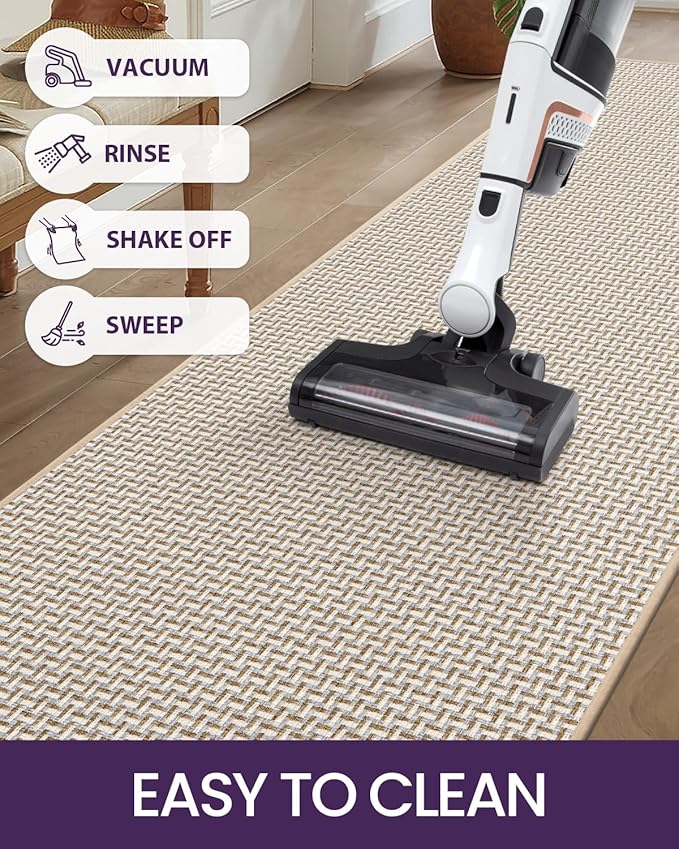 DEXI Hallway Runner Rug 2'x7', Non Slip Rubber Backed Runners Carpet, Ultra Thin Entryway Rugs Indoor for Kitchen Hallway Entrance Bedroom, White and Beige