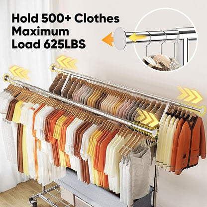 HOKEEPER Clothing Rack Heavy Duty Clothes Rack for Hanging Clothes Load 625LBS Extendable Double Rod Clothes Rack, Adjustable Rolling Garment Rack with Wheels, Basket & Shelves 71.2''W*23.6''D*68.5''H