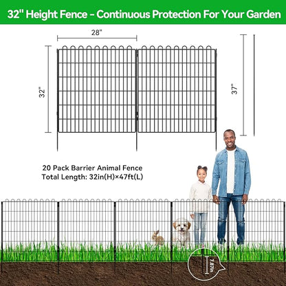 Decorative Garden Fence 20 Panels 47.2 ft(L) X 32 in(H) Animal Barrier for Yard, Patio, Garden Borders, No-Dig Outdoor Fencing with Rustproof Metal Panels, Temporary Ground Stakes for Dogs, Rabbit